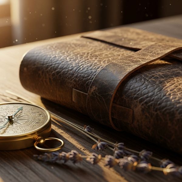 A hyper-realistic close-up of a weathered, vintage leather traveler's journal resting on a rustic...