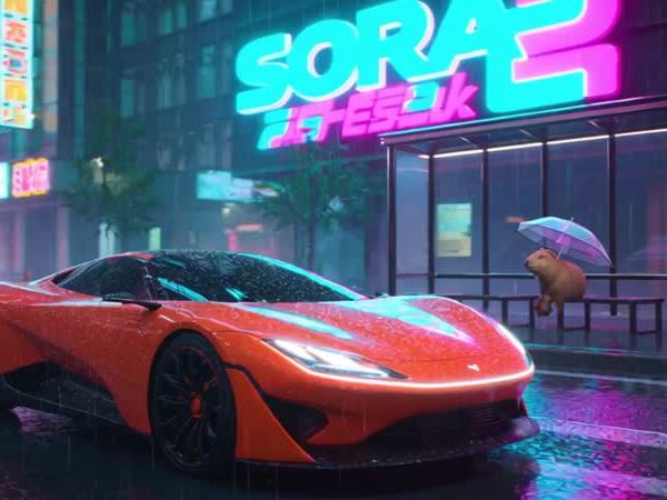 AI image generated by Sora 2 — prompt: Cinematic drone shot of a sleek, futuristic orange sports car gliding effortlessly through a rain-drenched neon street in a cyberpunk city. The wet pavement perfectly reflects the vibrant signs and "SORA 2" glowing on a nearby billboard. As the car zooms past a modern bus stop, a capybara is calmly sitting on the bench under an umbrella, waiting for the bus. Hyper-realistic textures, fluid camera motion, and cinematic lighting showcasing incredible consistency and detail.
