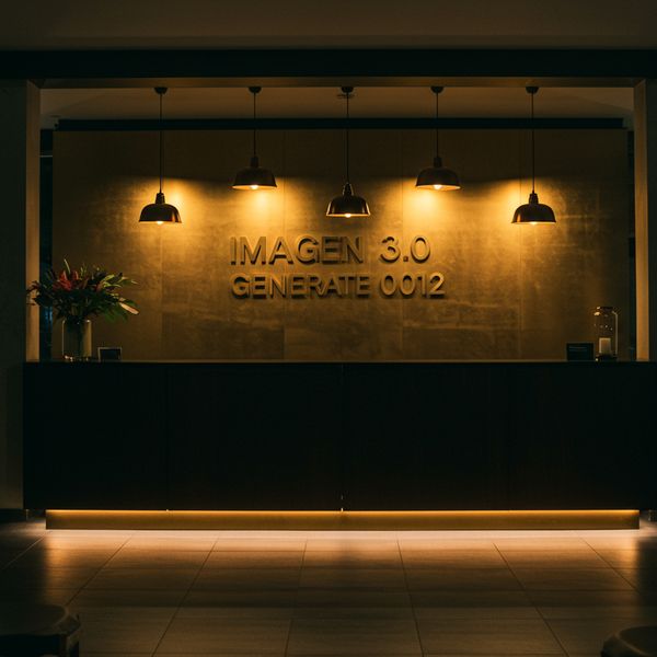 A wide, cinematic shot of a high-end, boutique hotel lobby at dusk, featuring a minimalist recept...