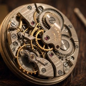 A macro photography shot of an intricate, vintage mechani...