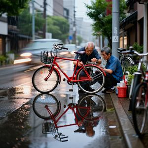 A candid street photo of an elderly Japanese man repairin...