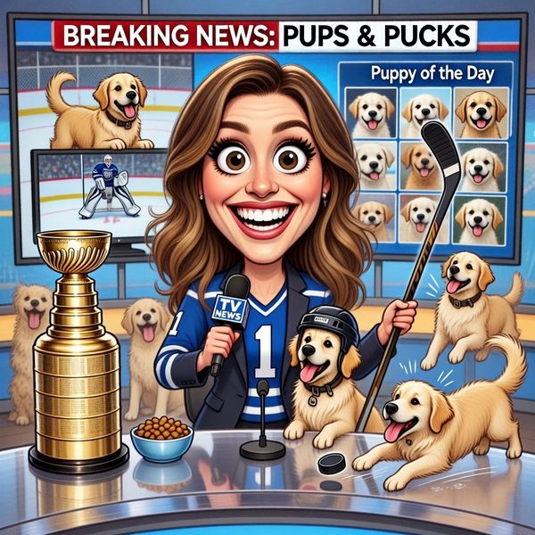 AI image generated by Grok Imagine Image Pro, ranked #7 of 13 in the "Over-the-top cartoon caricature" arena challenge — prompt: Create a caricature of me and my job. Make it exaggerated and humorous, incorporating my profession as a tv show anchor and my love for dogs and hockey.