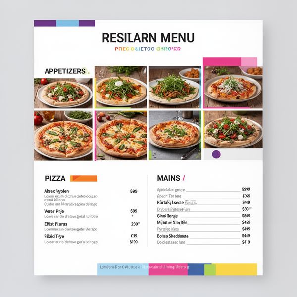 AI image generated by FLUX.2 [dev] Turbo, ranked #15 of 19 in the "Modern Clean Menu" arena challenge — prompt: Modern minimalist restaurant menu design, white background with colorful food photos in grid, sections for appetizers/pizza/mains, bold sans-serif fonts, vibrant accents, clean professional layout for casual dining.