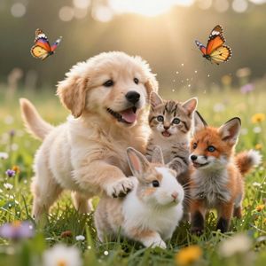 Hyper-photorealistic scene of fluffy baby animals—a golde...