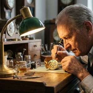 A medium-shot portrait of a master watchmaker at an antiq...