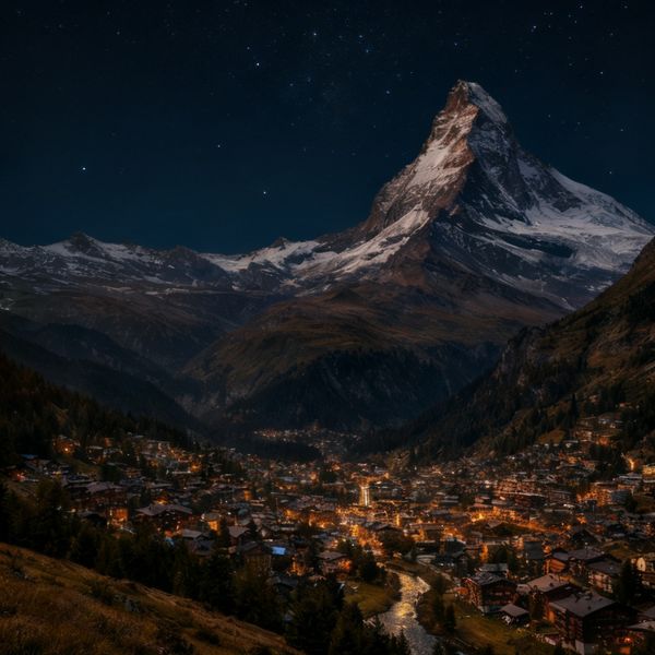 AI image generated by Seedream 4.0, ranked #9 of 15 in the "Night Sky Transformation" arena challenge — prompt: Change the scene to night: a deep, dark sky with subtle, glistening stars visible behind the mountain.