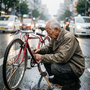 A candid street photo of an elderly Japanese man repairin...