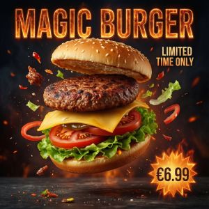 Ad for 'Magic Burger'. Dynamic, exploded burger with all ...