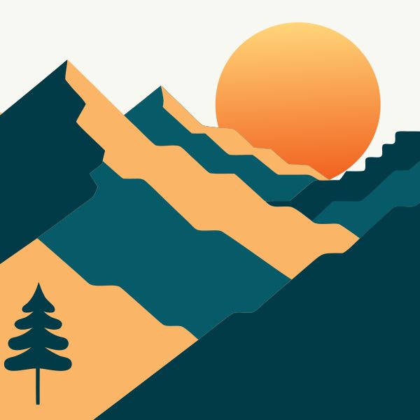 AI image generated by Recraft V4.1 SVG — prompt: Flat vector illustration of a minimalist alpine landscape during golden hour. Layered geometric mountain ranges in shades of deep teal and soft ochre, a solitary stylized pine tree in the foreground, and a large setting sun. Clean lines, perfectly smooth gradients, contemporary corporate Memphis inspiration, high-precision SVG style, balanced composition.