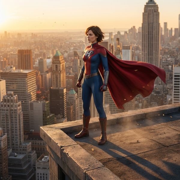 Hyper-photorealistic full-body portrait of a female superhero standing triumphantly on a New York...