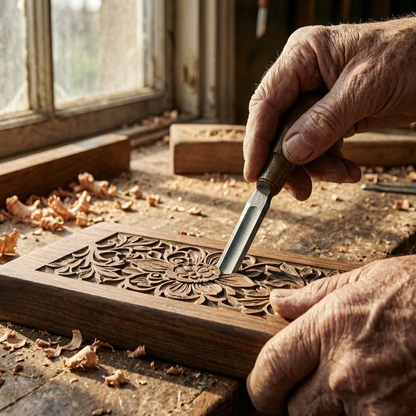 AI image generated by Wan 2.7 — prompt: A meticulously detailed close-up of an elderly artisan's hands carving an intricate floral pattern into a piece of dark walnut wood. Fine wood shavings and sawdust are scattered across the workbench, catching the warm, directional sunlight streaming through a dusty workshop window. Every wrinkle on the skin and the sharp edge of the steel chisel are captured in crisp, high-resolution detail. 4:3 landscape composition, shallow depth of field, cinematic lighting, hyper-realistic textures.