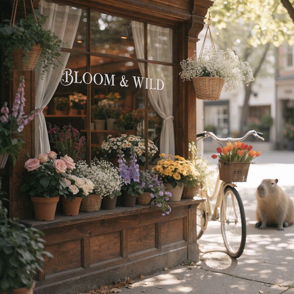 Recraft V4.1 Utility generated image of A cozy, sunlit wooden storefront of a boutique flower shop named "BLOOM & WIL...