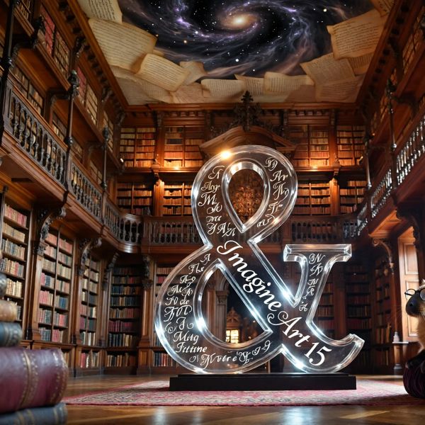 A grand, cinematic wide shot of a bustling, old-world European library where the towering mahogan...