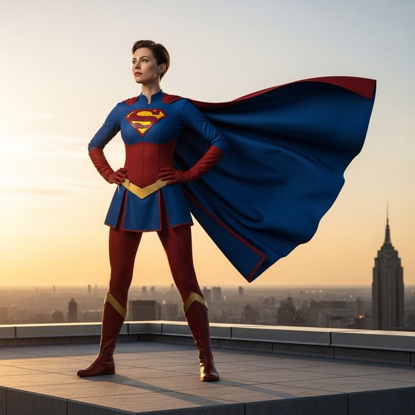 Hyper-photorealistic full-body portrait of a female superhero standing triumphantly on a New York...