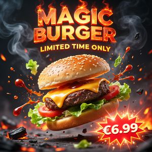 Ad for 'Magic Burger'. Dynamic, exploded burger with all ...