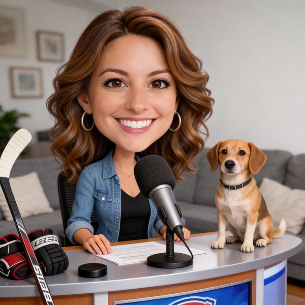AI image generated by Seedream 4.5, ranked #7 of 13 in the "Over-the-top cartoon caricature" arena challenge — prompt: Create a caricature of me and my job. Make it exaggerated and humorous, incorporating my profession as a tv show anchor and my love for dogs and hockey.