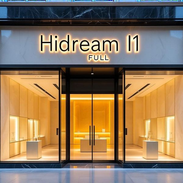 Cinematic wide shot of a high-end, contemporary boutique storefront at golden hour. The storefron...