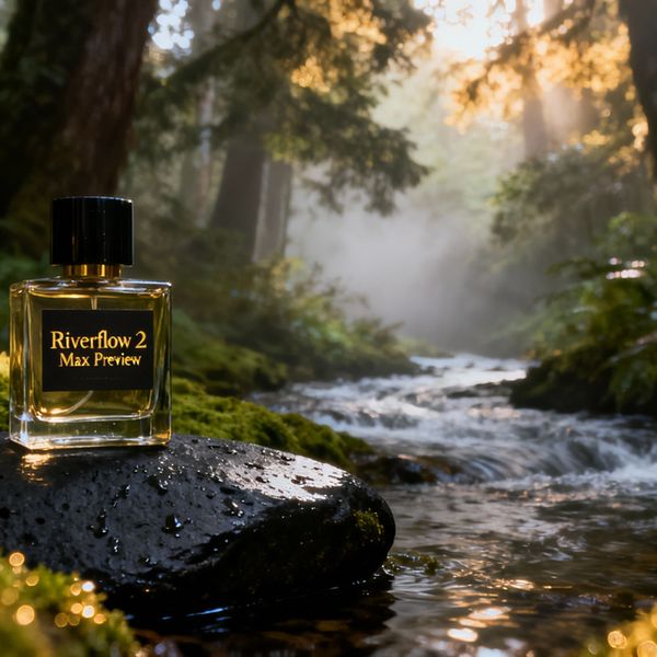 Cinematic wide shot of a high-end, artisan perfume bottle resting on a wet basalt stone amidst a ...