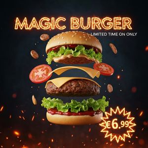 Imagen 4.0 Fast Generate 001 — Magic Burger Explosion: Fiery Photorealism Challenge