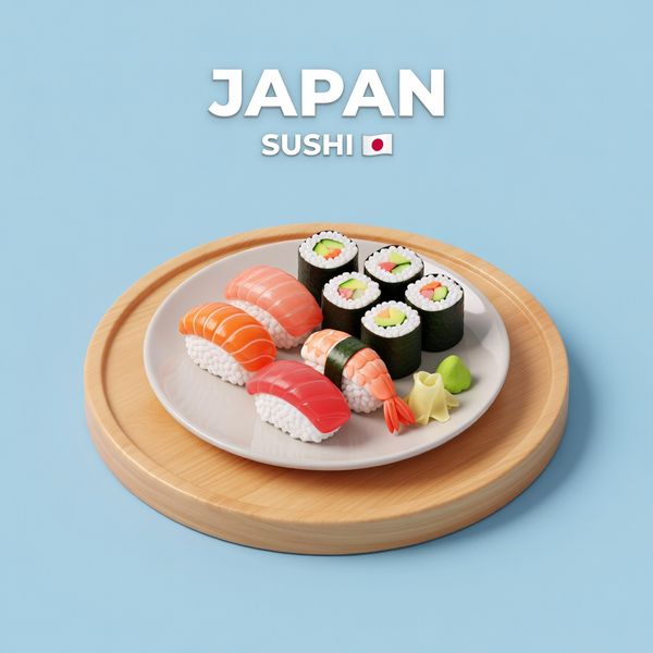 Create a clear, 45° top-down isometric miniature 3D cartoon scene of Japan's signature dish: sush...