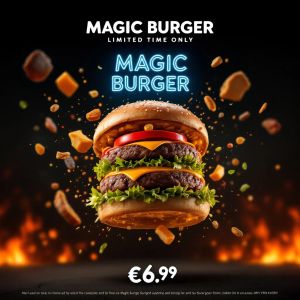 FLUX1.1 [pro] — Magic Burger Explosion: Fiery Photorealism Challenge