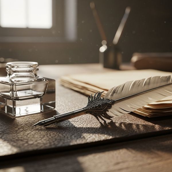 A hyper-realistic, macro close-up of a weathered leather workbench where a silver quill and a gla...