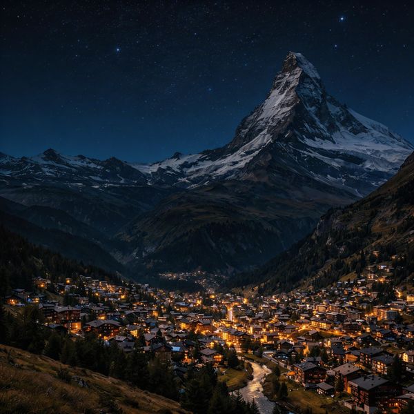 Change the scene to night: a deep, dark sky with subtle, glistening stars visible behind the moun...