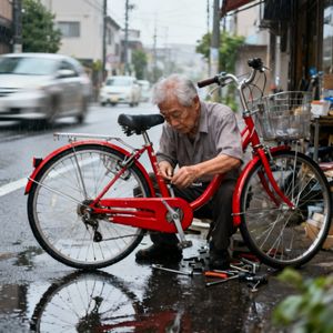 A candid street photo of an elderly Japanese man repairin...