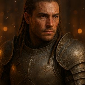 Close portrait of a battle-worn paladin in ornate engrave...