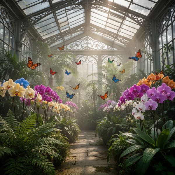 AI image generated by Wan 2.6, ranked #8 of 17 in the "Victorian Greenhouse Oasis" arena challenge — prompt: Hyper-photorealistic interior of a lush Victorian glass greenhouse filled with exotic tropical plants, vibrant blooming orchids, tall ferns, colorful butterflies in flight, sunlight filtering through ornate glass roof creating realistic caustics and dew on leaves, intricate iron framework visible, misty atmosphere, 8K masterpiece.