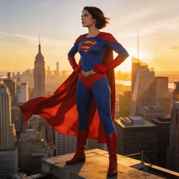 AI image generated by Seedream 4.5, ranked #4 of 21 in the "Heroic Super Hero Portrait" arena challenge — prompt: Hyper-photorealistic full-body portrait of a female superhero standing triumphantly on a New York skyscraper rooftop at golden sunset, wearing a classic modest superhero costume with flowing cape, chest emblem, gloves, and boots in red and blue colors, practical design, short hair, strong determined heroic expression looking into the distance, powerful confident stance with hands on hips and cape billowing dramatically in the wind, detailed urban cityscape background, warm natural sunlight with sharp shadows and fabric highlights, ultra-sharp textures on suit, hair, and concrete, 8K masterpiece, empowering family-friendly style.