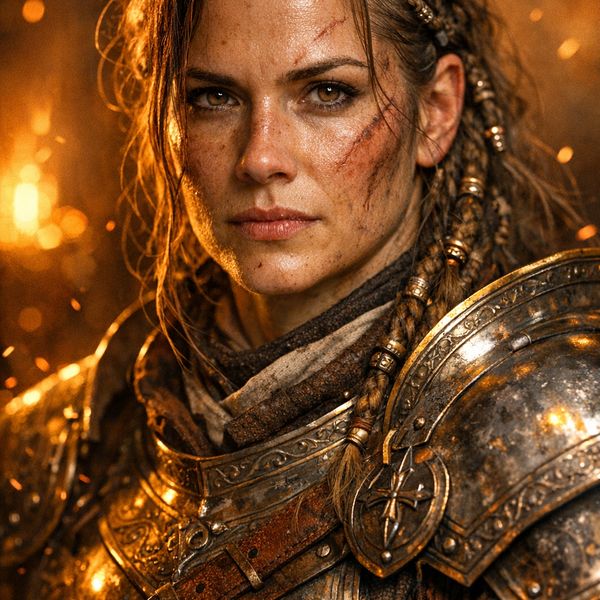 AI image generated by GPT Image 1.5, ranked #4 of 14 in the "Fantasy Warrior" arena challenge — prompt: Close portrait of a battle-worn paladin in ornate engraved plate armor, hair braided with small beads, faint scars and dirt on the skin, warm torchlight reflecting off metal, shallow depth of field, bokeh sparks, lifelike eyes, highly detailed texture on leather straps and cloth underlayer.