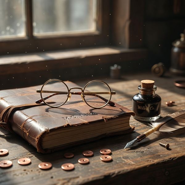 A hyper-realistic close-up of a weathered leather craftsman's workbench, featuring a pair of vint...