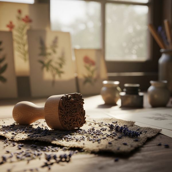 A hyper-realistic close-up of an artisan's workbench, focusing on a hand-carved wooden printing b...