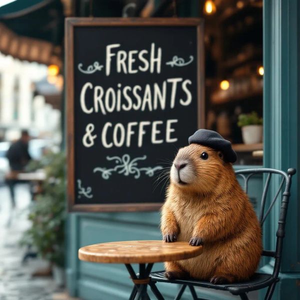 AI image generated by FLUX1.1 [pro] — prompt: A vibrant chalkboard outside a cozy Parisian bakery, displaying the text "FRESH CROISSANTS & COFFEE" in elegant hand-drawn cursive. In the blurred background, a capybara calmly sits on a cafe chair, wearing a tiny beret. Photorealistic, 8k.