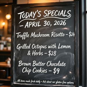 Handwritten-style chalkboard menu in a cozy café, all tex...