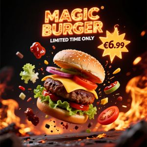 Qwen Image — Magic Burger Explosion: Fiery Photorealism Challenge
