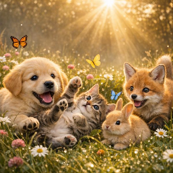 AI image generated by GPT Image 1.5, ranked #3 of 25 in the "Adorable Baby Animals in Sunny Meadow" arena challenge — prompt: Hyper-photorealistic scene of fluffy baby animals—a golden retriever puppy, tabby kitten, baby bunny, and red fox kit—with big expressive eyes and ultra-detailed soft fur, playfully chasing butterflies and tumbling together in a lush wildflower meadow, warm golden sunrise light with god rays and dew sparkles, joyful wholesome vibe, 8K masterpiece.