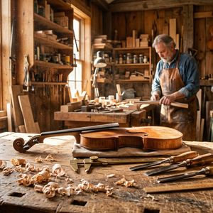 Cinematic wide shot of a master carpenter's sun-drenched ...