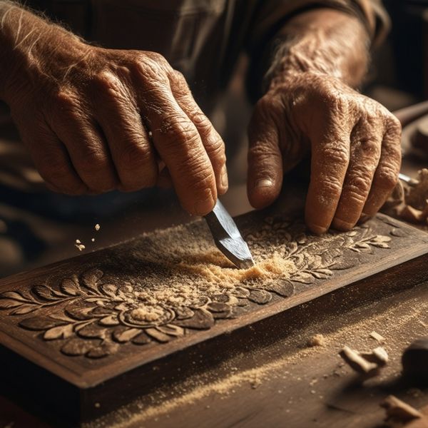 A hyper-realistic close-up of an elderly artisan's weathered hands meticulously carving intricate...