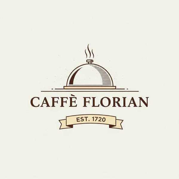 Vintage minimalist restaurant logo for "Caffè Florian", retro cloche dome with steam and "Est. 17...