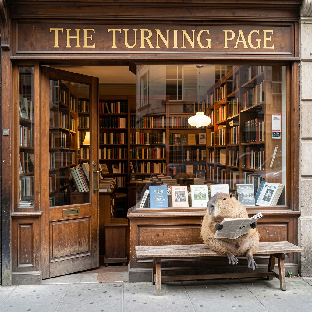 FLUX.2 [klein] 9B generated image of A vintage wooden storefront for a bookstore called "THE TURNING PAGE" in cris...