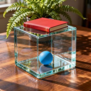 A glass cube on a wooden table. Inside the cube is a smal...