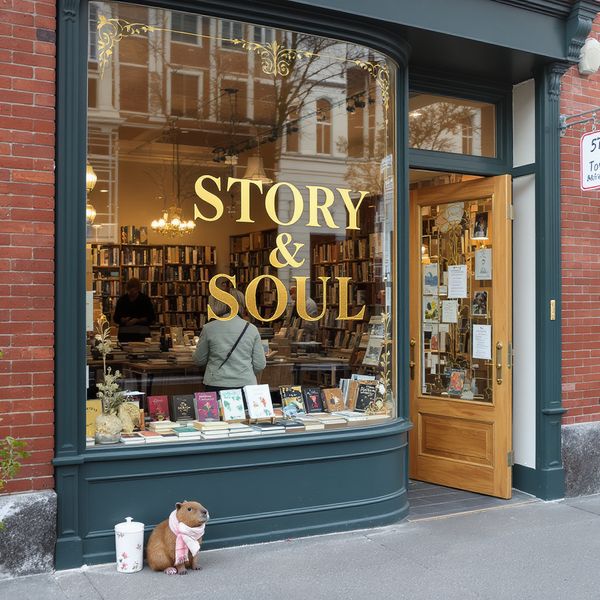 AI image generated by FLUX.1 Kontext [max] — prompt: A cozy indie bookstore storefront with a large glass window. On the glass, elegant gold leaf typography reads "STORY & SOUL". Inside, a woman browses the shelves. A small capybara sits quietly on the sidewalk by the door, wearing a tiny scarf.