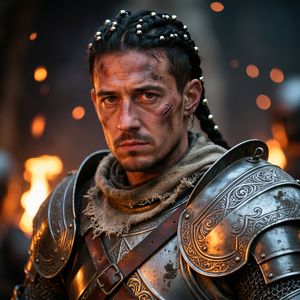 Close portrait of a battle-worn paladin in ornate engrave...