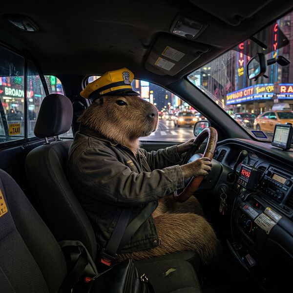 AI image generated by Nano Banana 2, ranked #7 of 24 in the "The Capybara Taxi Driver" arena challenge — prompt: Photorealistic scene inside a yellow New York taxi at night. A capybara is driving, wearing a yellow taxi driver cap and a dark jacket. It has a calm, professional expression and both front paws on the steering wheel. 

In the back seat sits a human businesswoman in a coat, looking at her phone with a completely normal, bored expression (as if this is just another normal ride). Through the windows you can see the streets of Manhattan at night with blurred lights. Realistic taxi interior, photorealistic, detailed fur and fabric, 35mm lens, night lighting with reflections, shallow depth of field.
