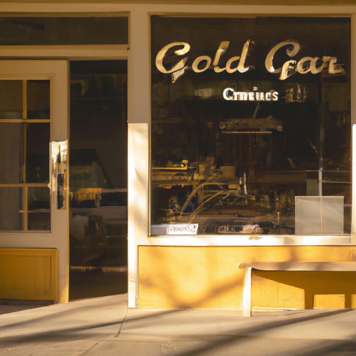 DALL-E 2 generated image of A sunlit, rustic bakery storefront with a large glass window displaying the h...