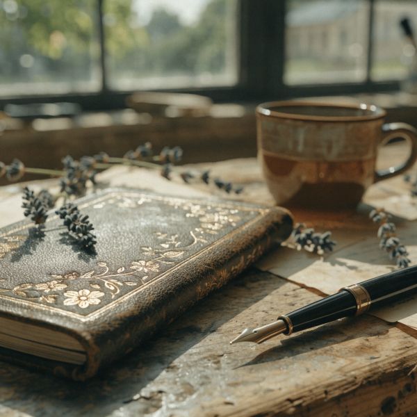 AI image generated by Recraft V4.1 Utility Pro — prompt: A hyper-realistic close-up of an artisan's workbench, featuring a vintage leather-bound journal with intricate gold-leaf embossing on the cover, a fountain pen with a gold nib resting beside it, scattered dried lavender sprigs, and a warm ceramic mug of tea. Soft natural light from a nearby window creates gentle shadows and highlights the textures of the worn paper and pebbled leather. 4:3 landscape, shallow depth of field, cinematic lighting, editorial photography.