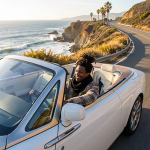 Make a photo of the man driving the car down the Californ...