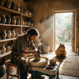 A sun-drenched, airy pottery studio with shelves of handm...
